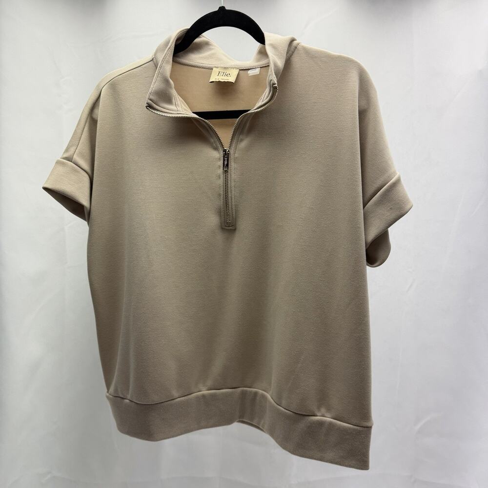 Elie Tahari Beige Half Zip Pullover Top Women's Large Short Sleeve Luxe - Picture 2 of 8